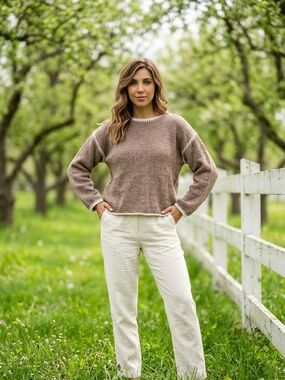 Cozy Taupe Crewneck Sweater with Contrast Stitching